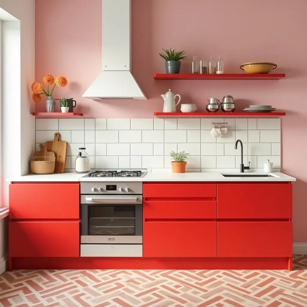 a photo of a playful red and white kitchen with retro vibes