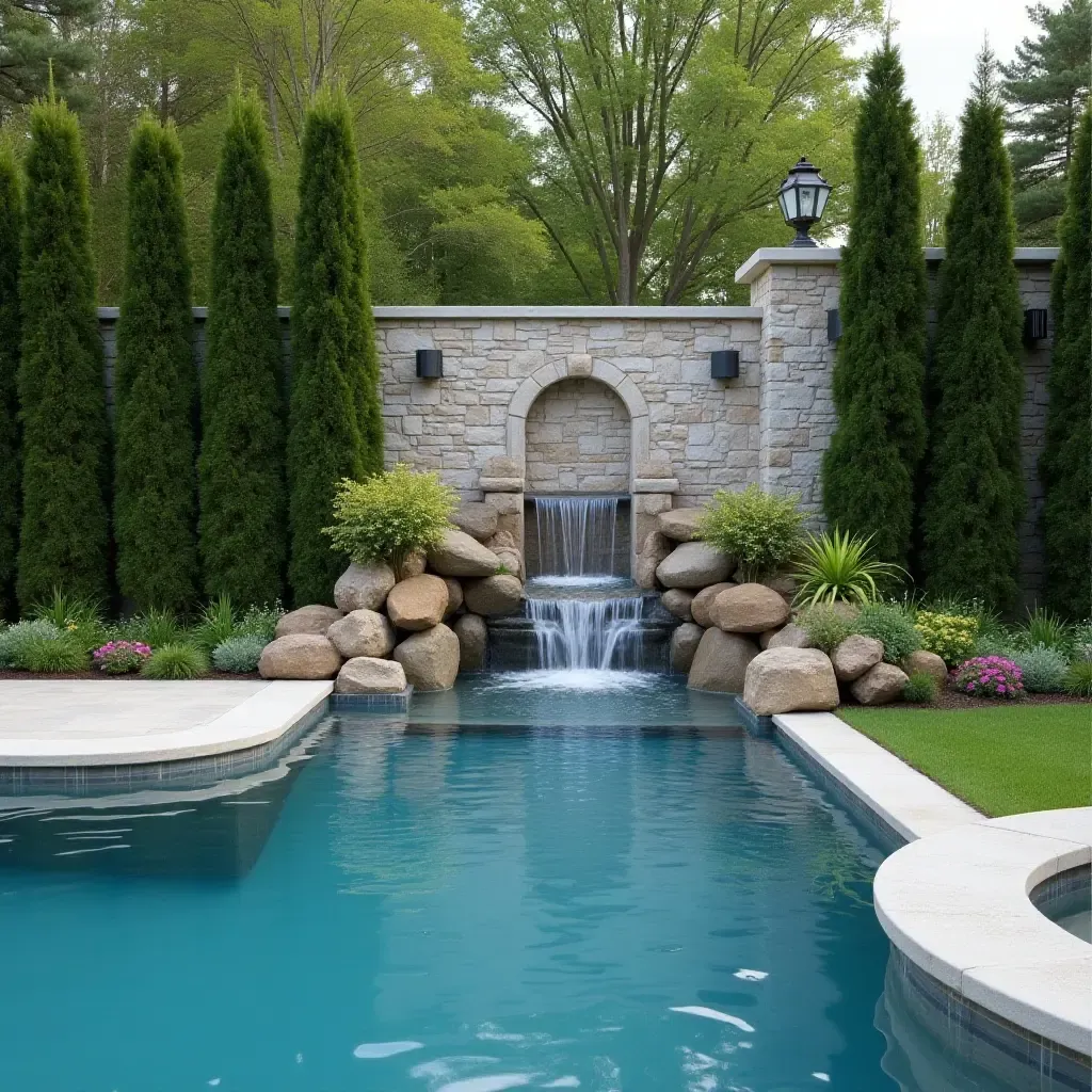 a photo of a serene water wall feature beside the pool