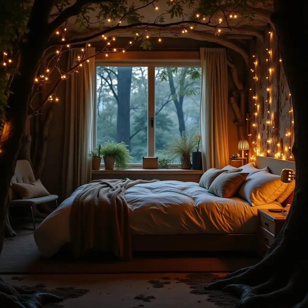 a photo of a magical forest-themed bedroom with fairy lights