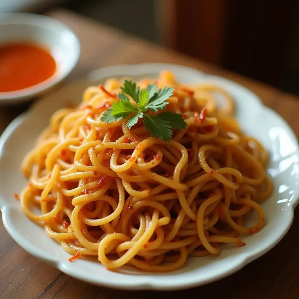 a photo of Mee Krob, a sweet and crispy fried noodle dish with tamarind sauce.