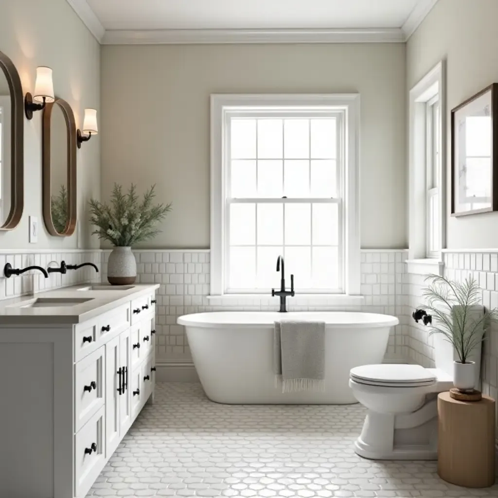 a photo of a farmhouse bathroom with a touch of modern elegance