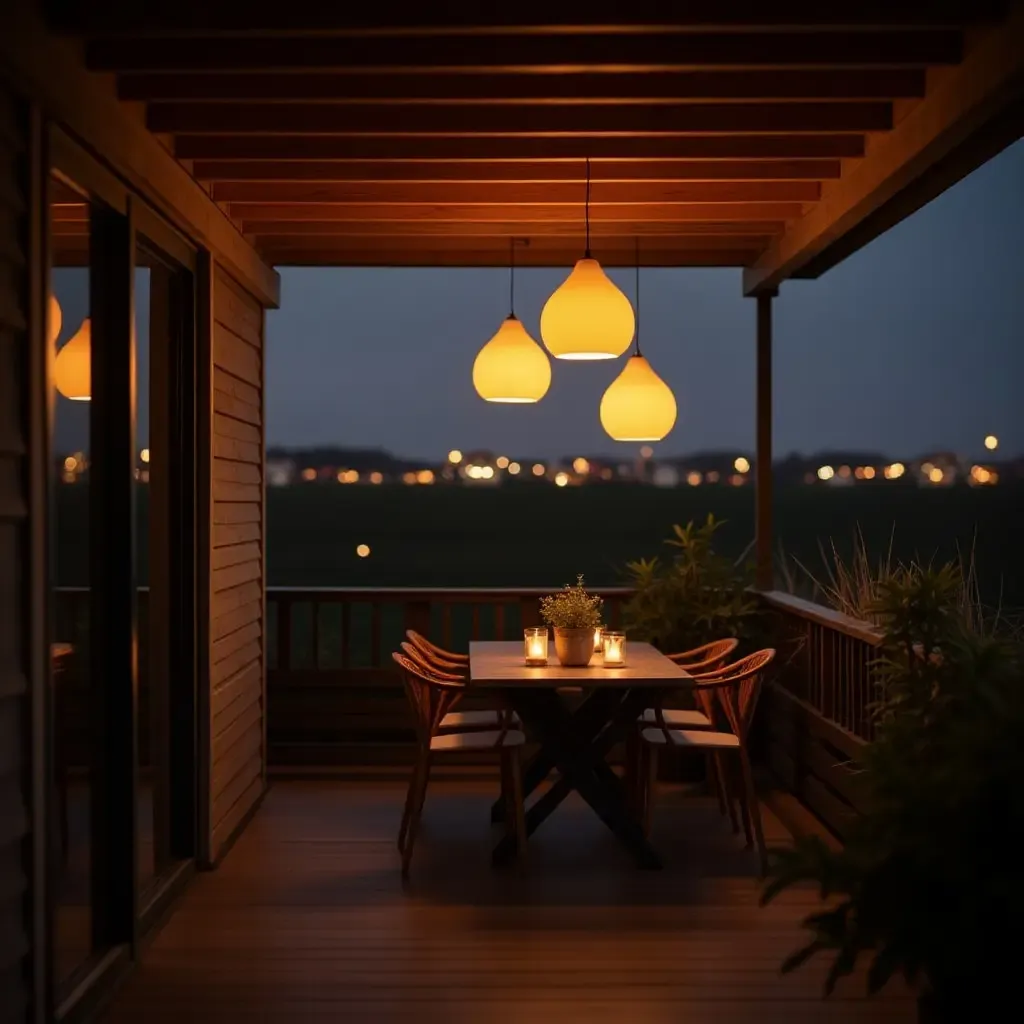 a photo of a balcony with pendant lights creating a cozy atmosphere