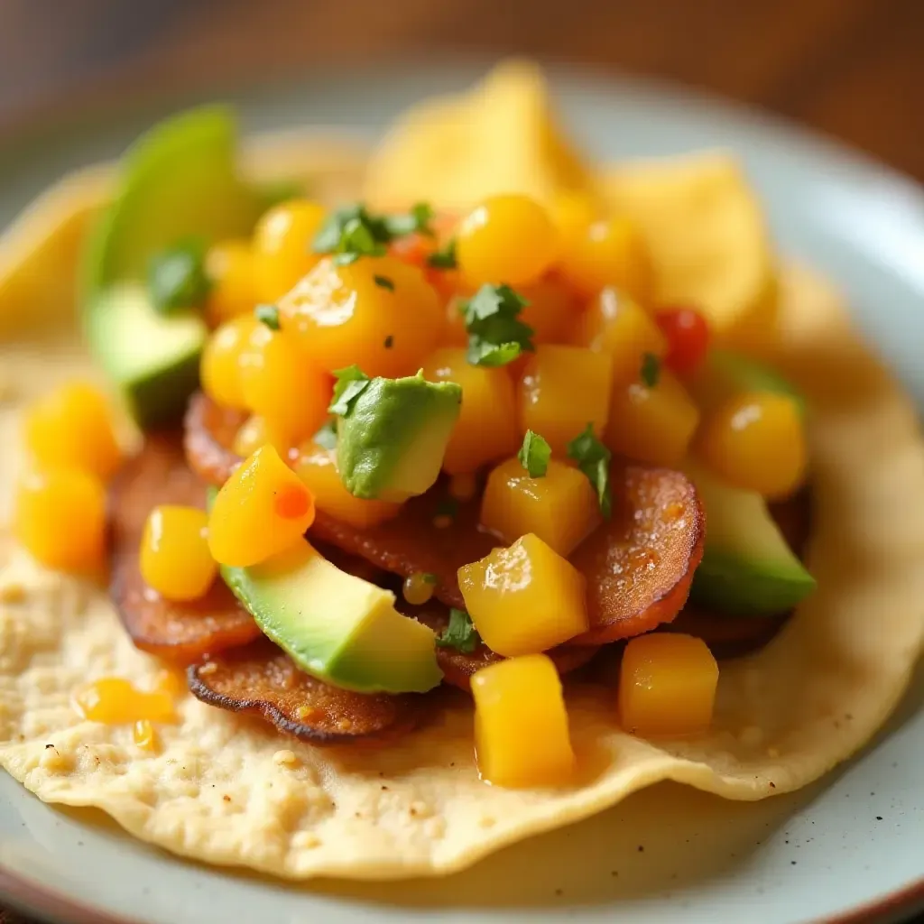 a photo of a taco with crispy fried avocado slices and spicy mango salsa