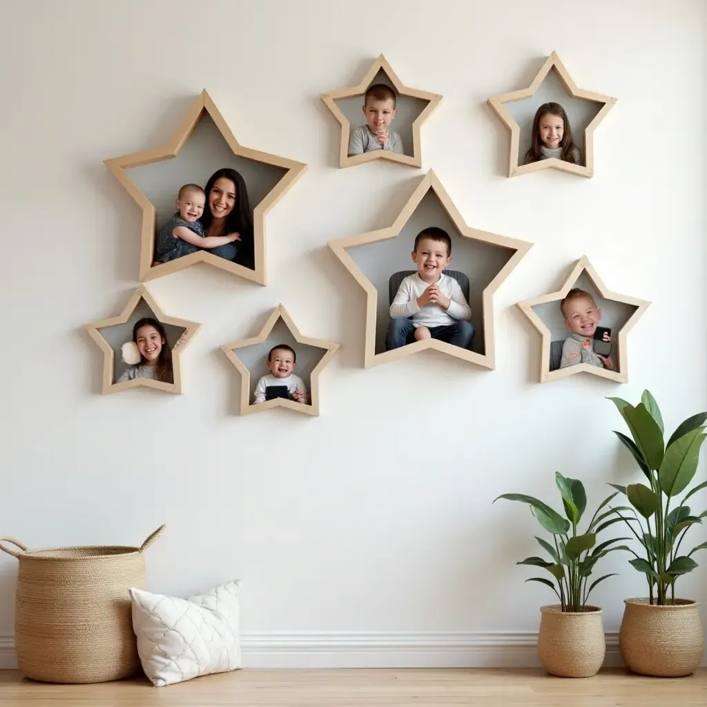 a photo of a gallery wall featuring family photos in fun shapes