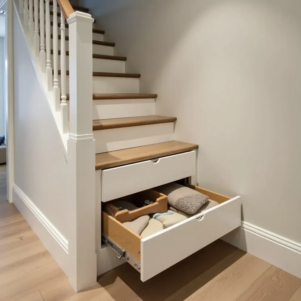 a photo of a basement featuring under-stair storage drawers