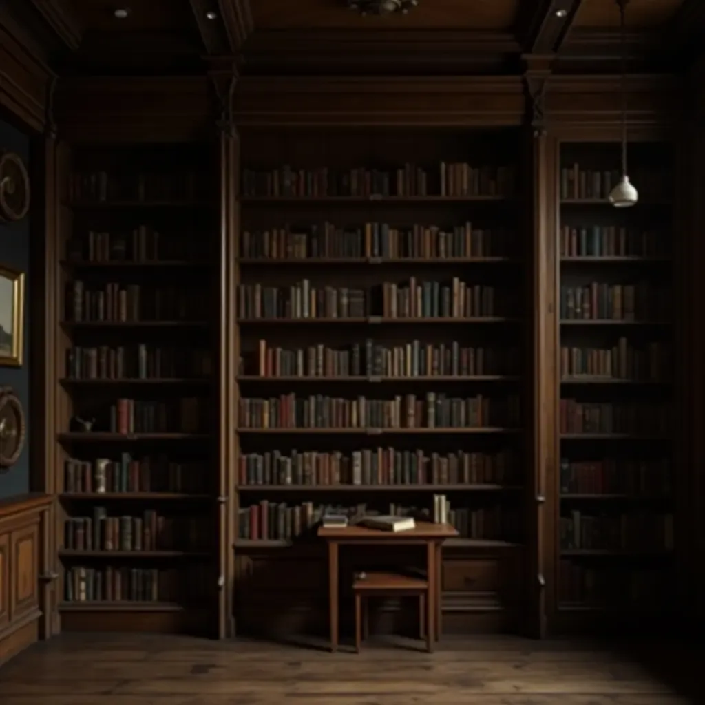 a photo of a rustic library with antique mirrors