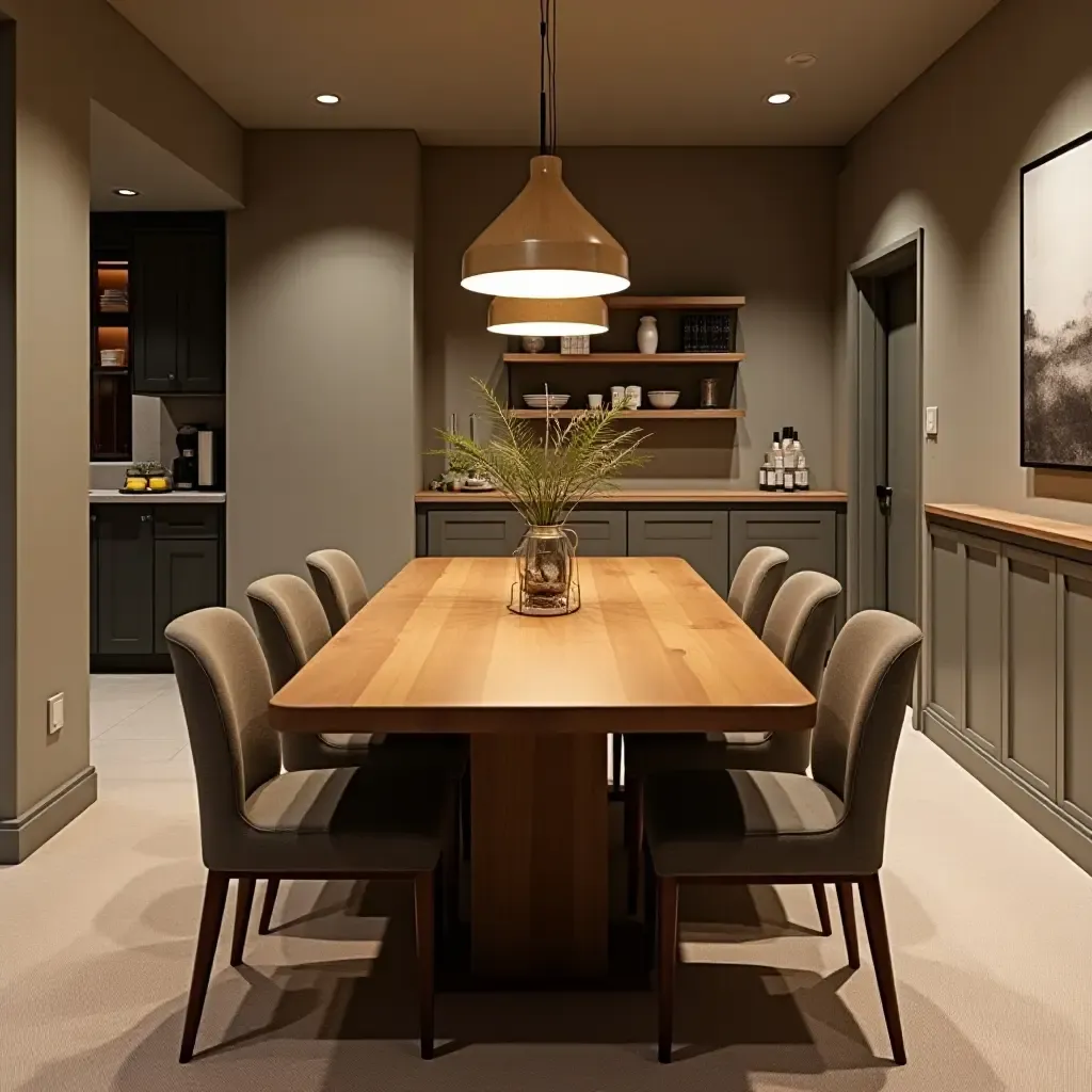 a photo of a wooden dining table in a basement dining area