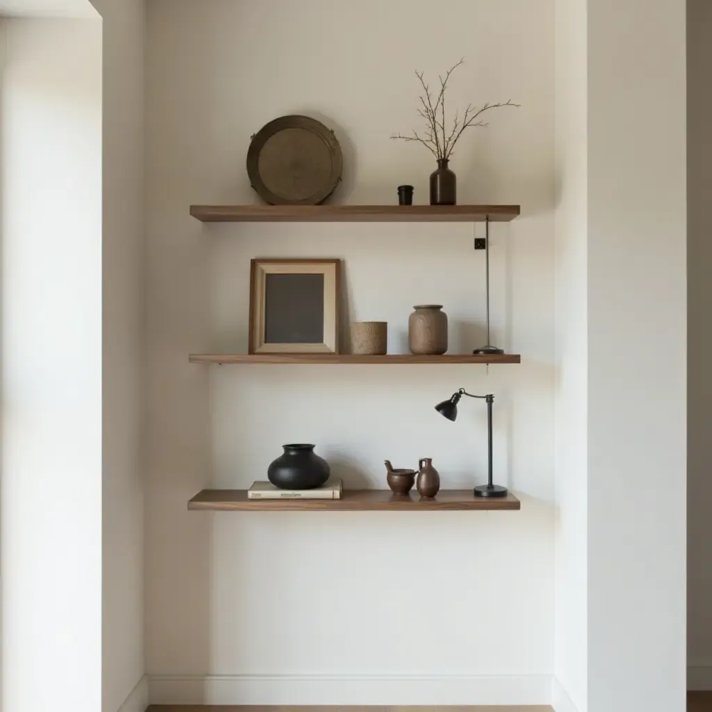 a photo of a minimalist corridor shelf displaying vintage items