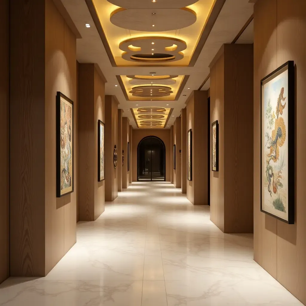 a photo of a stylish corridor with a unique ceiling design and art displays