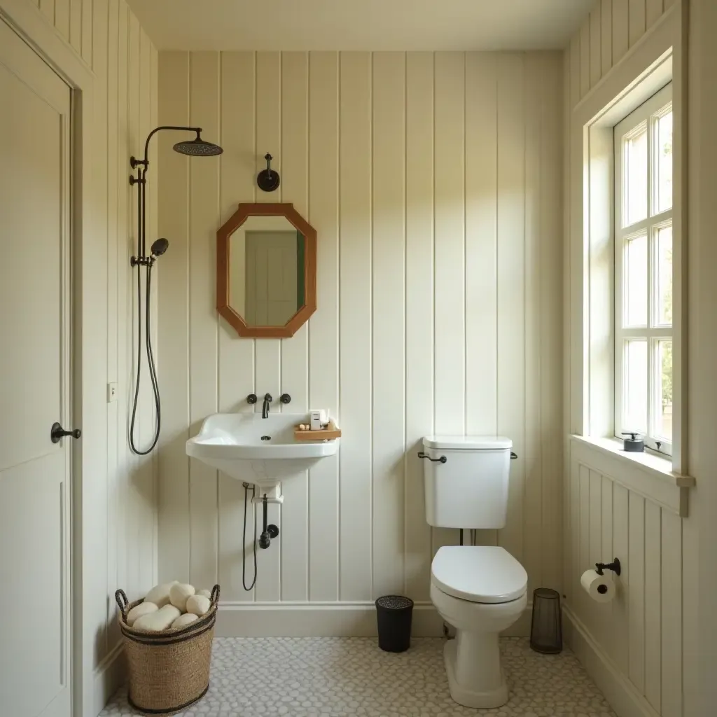 a photo of a quaint bathroom with a retro showerhead