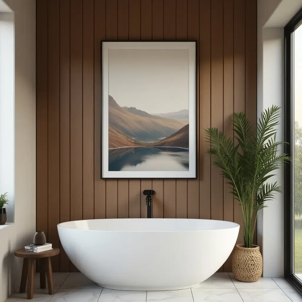 a photo of a rustic wood panel wall with framed art in a bathroom