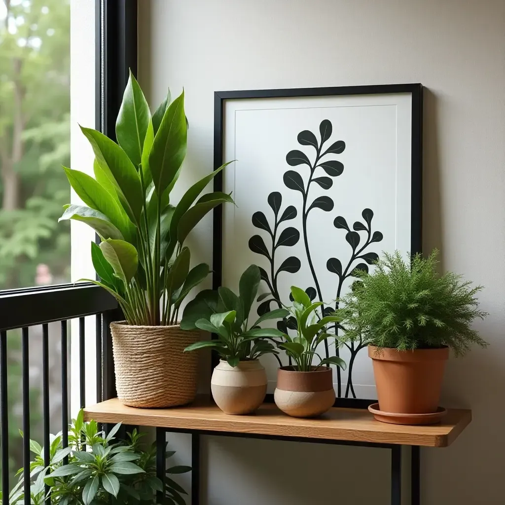 a photo of a balcony shelf with a mix of plants and outdoor artwork