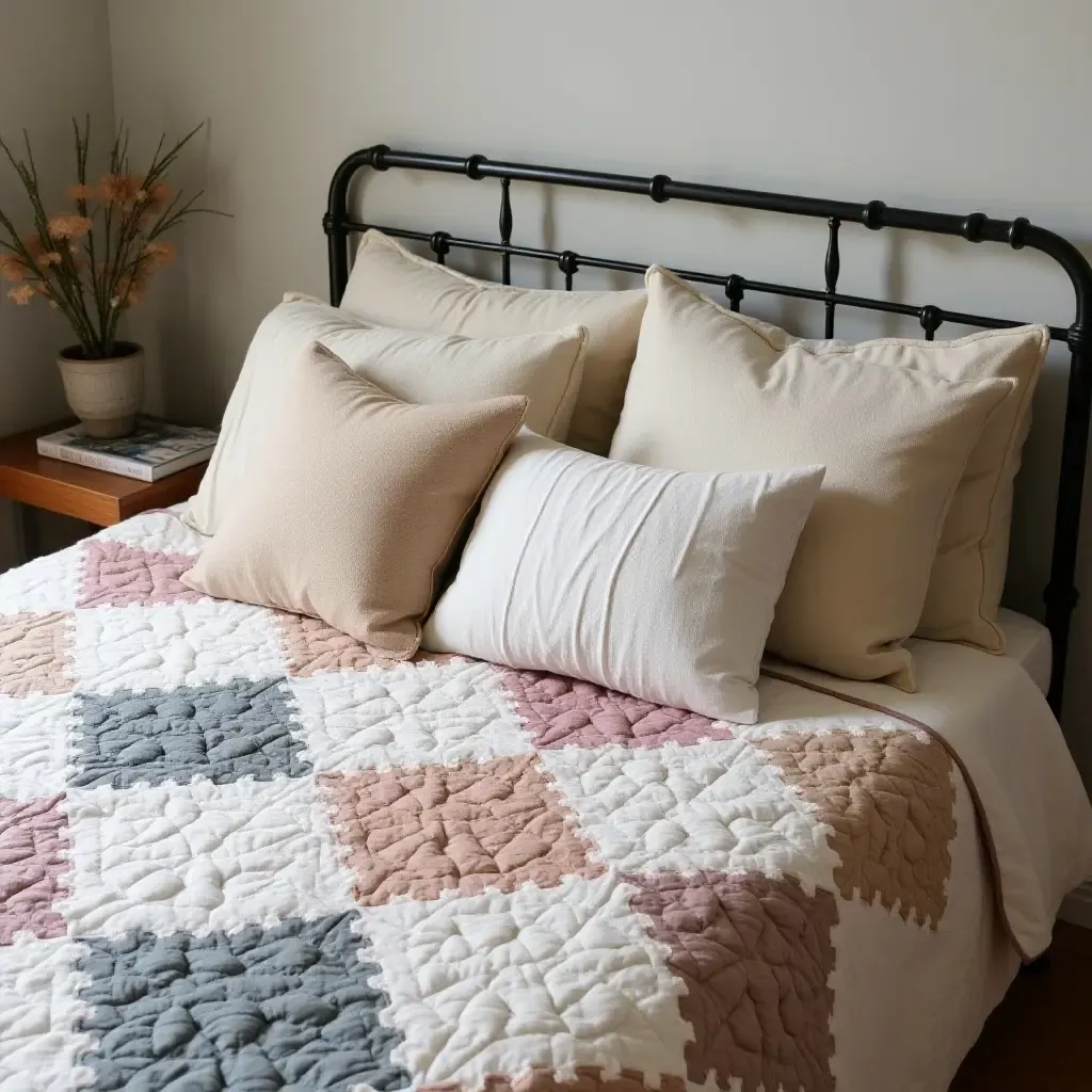 a photo of a bed adorned with handmade quilts and soft pillows