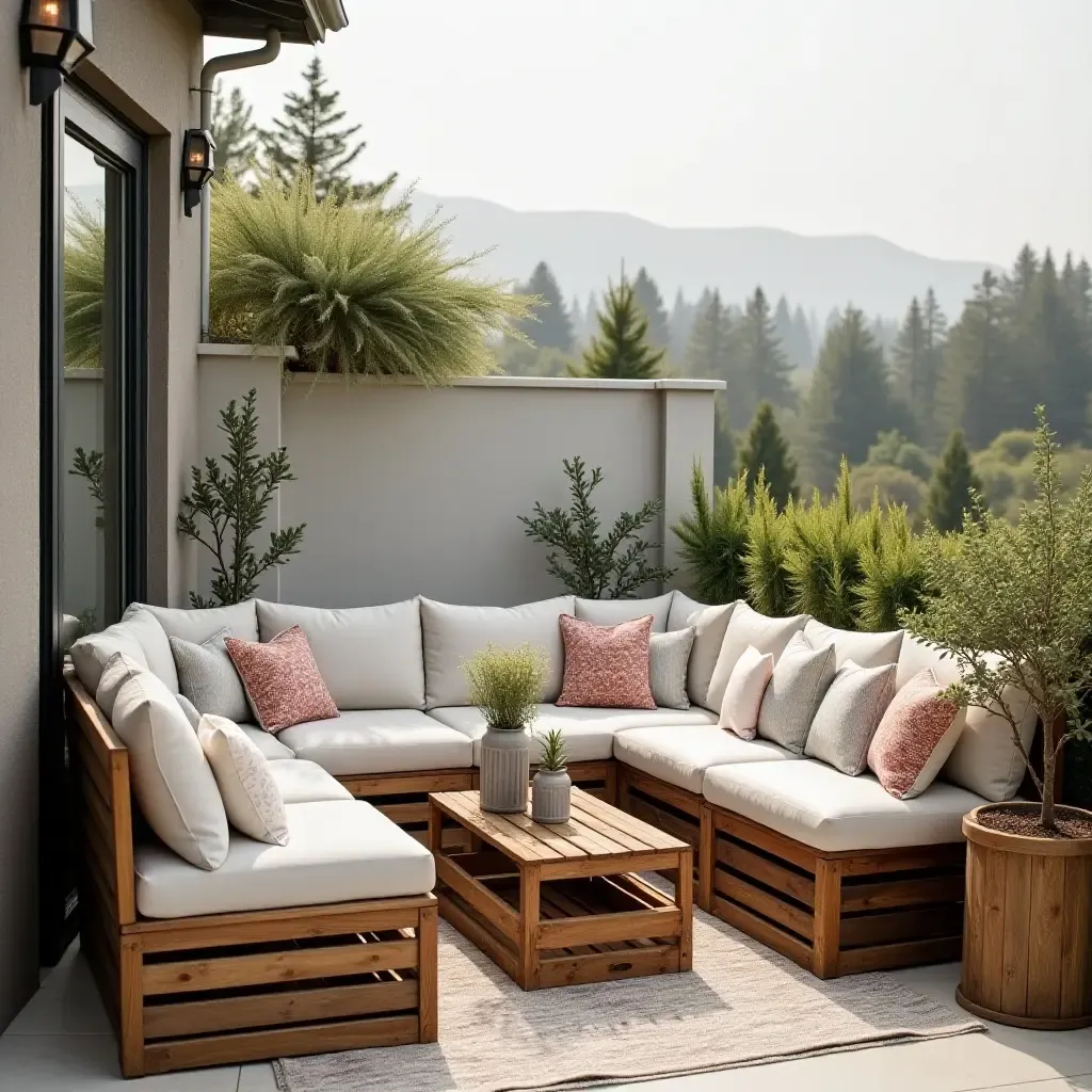 a photo of a balcony with vintage crates as tables and soft cushions