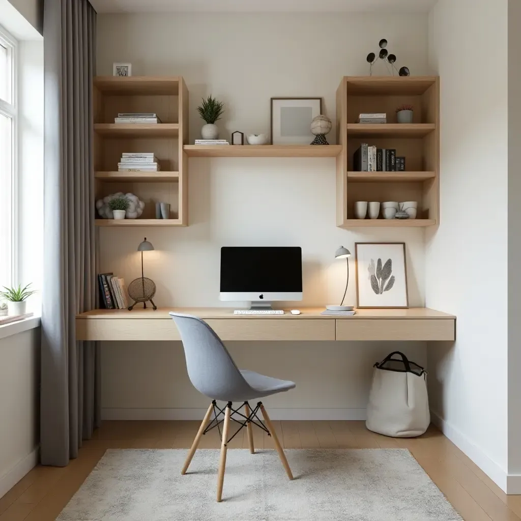 a photo of a shared bedroom with a creative wall-mounted desk and shelves