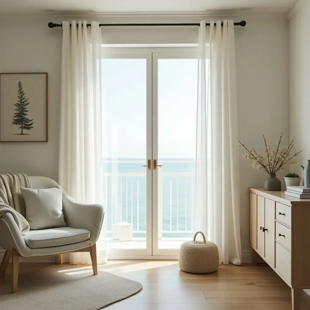 a photo of a serene space with light curtains and sea-inspired decor