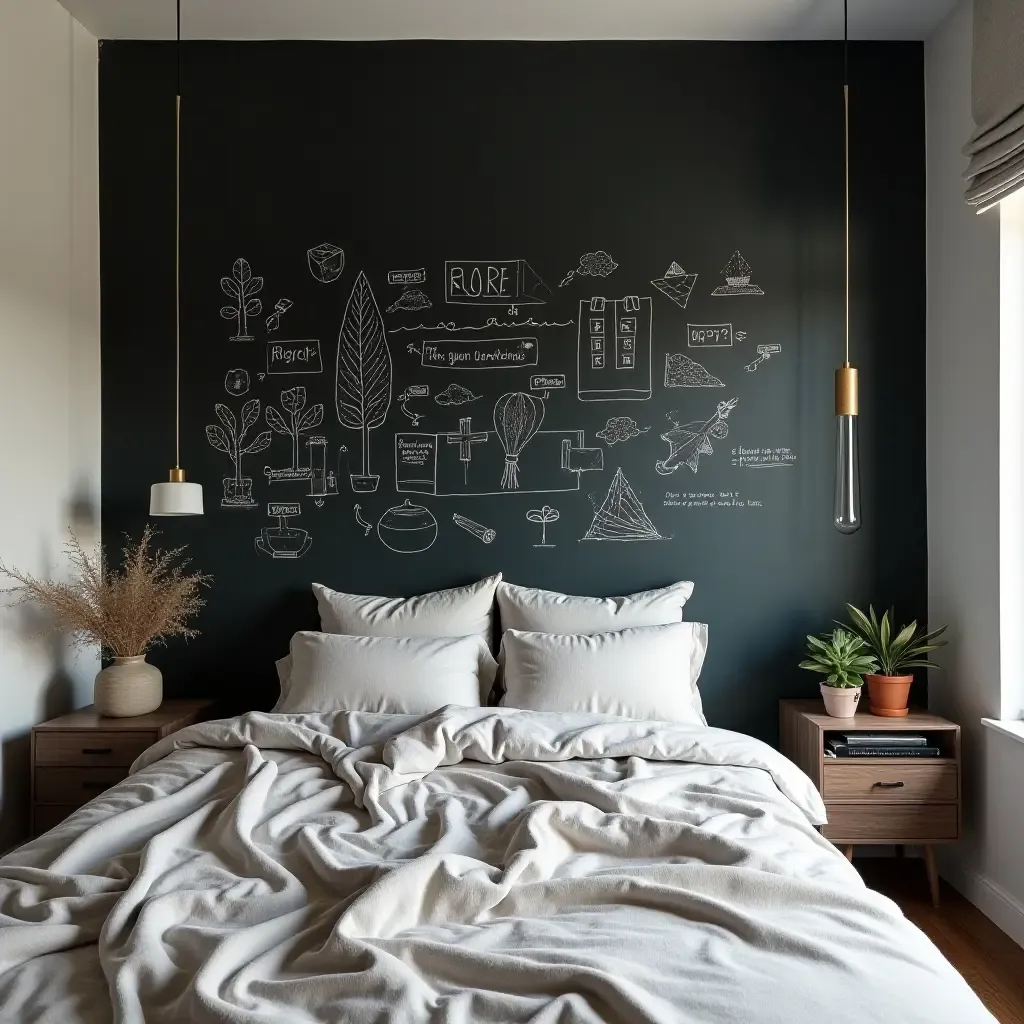 a photo of a bedroom featuring a chalkboard wall for doodling and notes