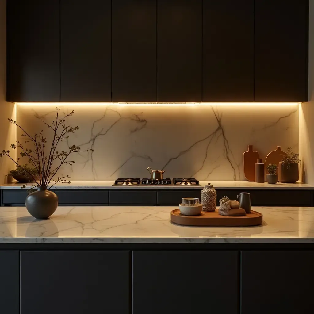 a photo of a contemporary kitchen with layered lighting highlighting countertop decor