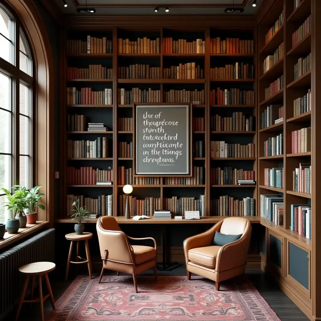 a photo of a small library adorned with literary quotes