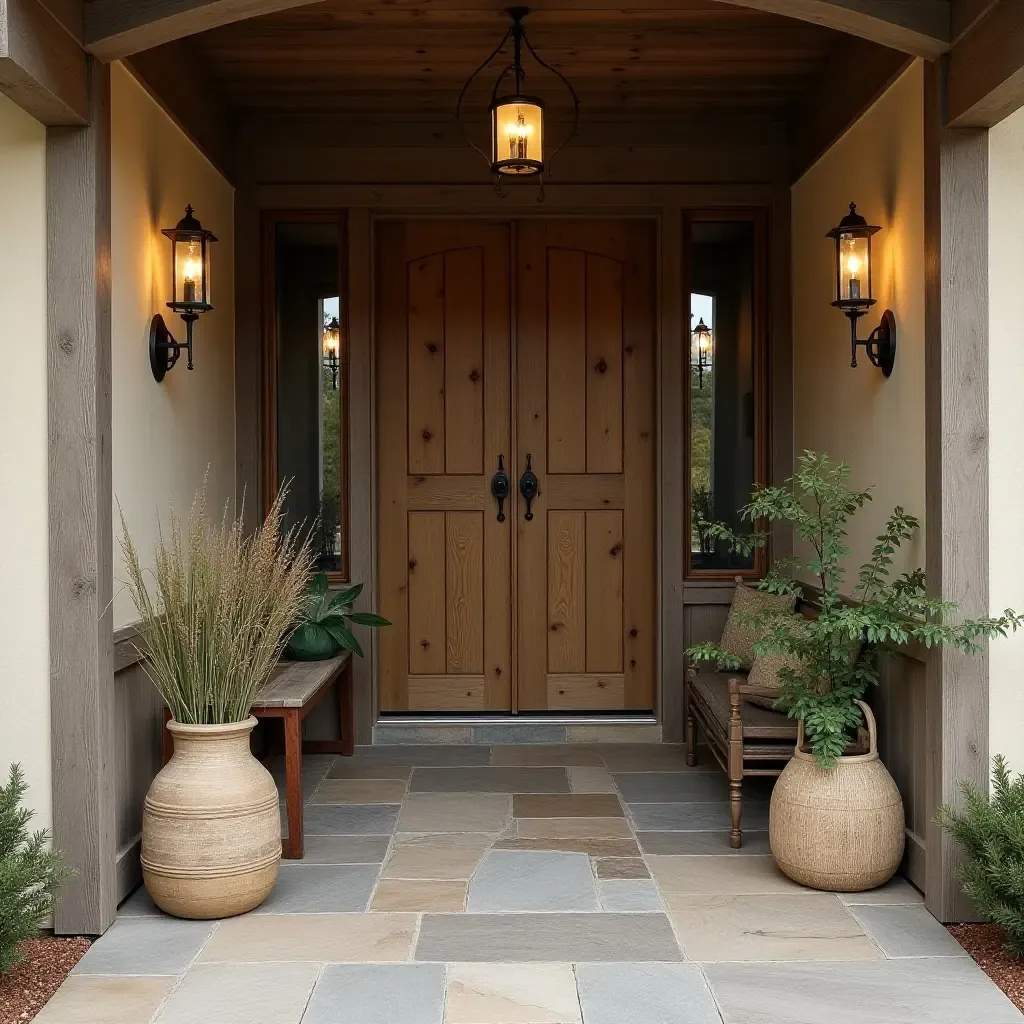 a photo of a rustic entrance with vintage decor and a welcoming vibe