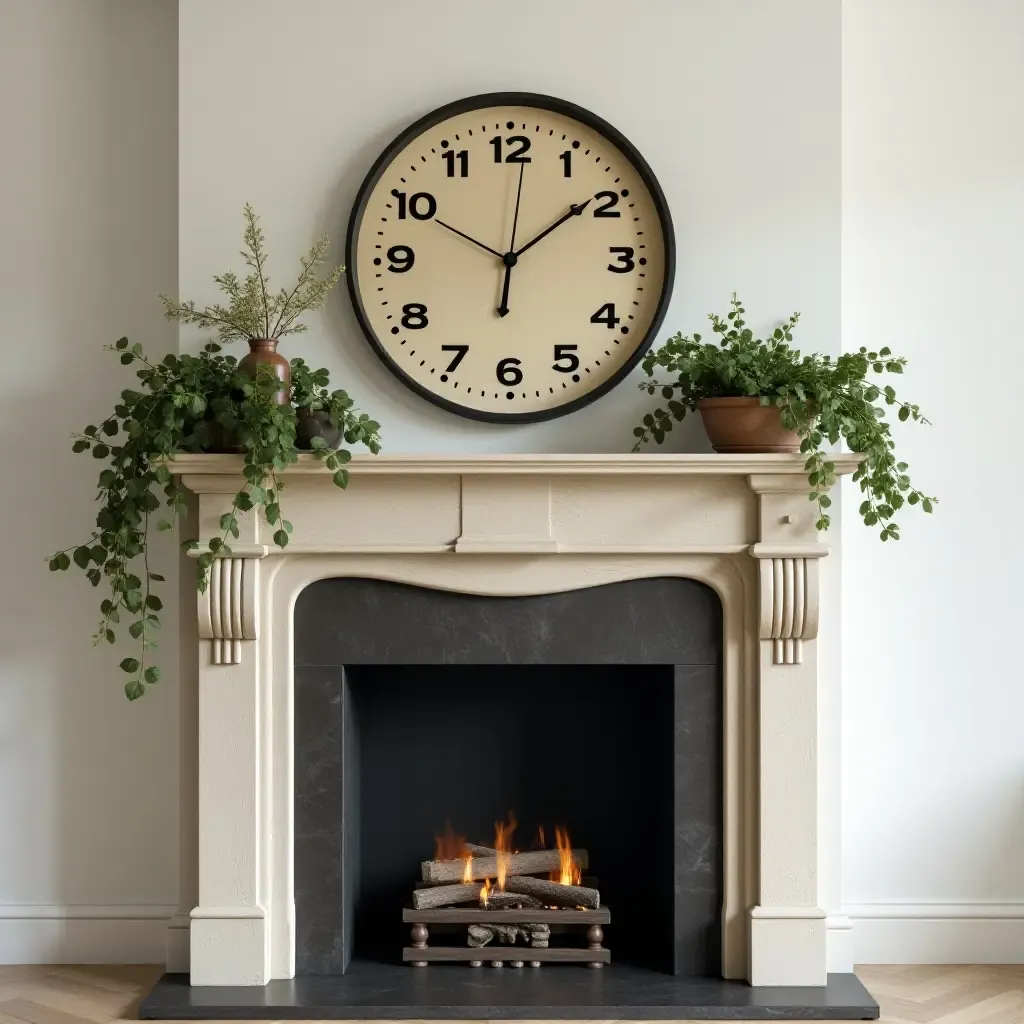 a photo of a fireplace mantel showcasing a unique clock and greenery