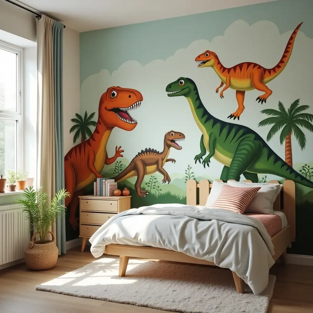 a photo of a dinosaur-themed bedroom with vibrant dinosaur murals