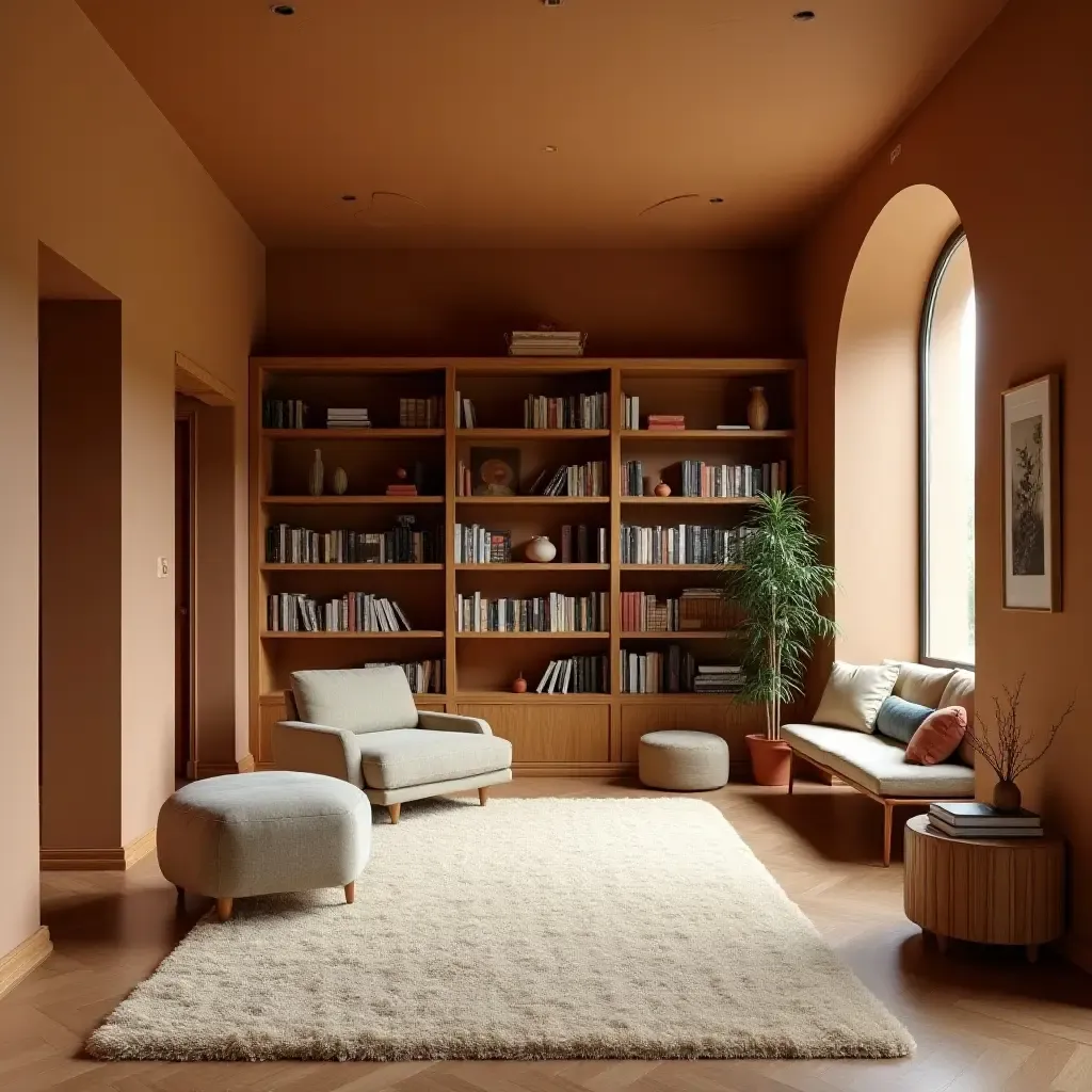 a photo of a warm beige and terracotta library with plush rugs