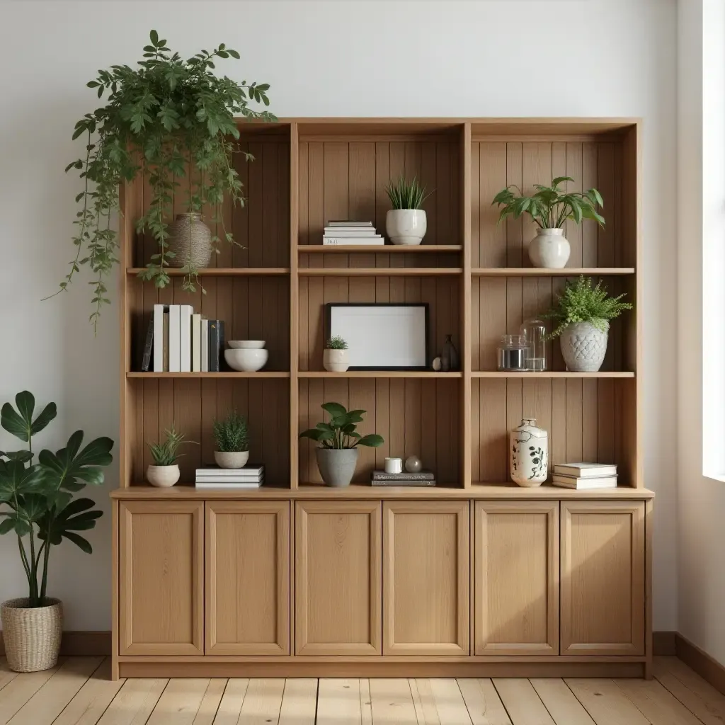 a photo of a wooden bookshelf styled with decor and plants