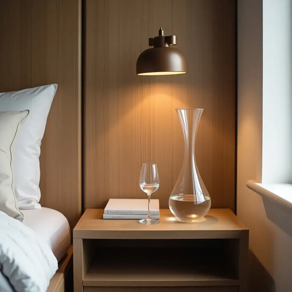 a photo of a nightstand featuring a bedside water carafe and glass