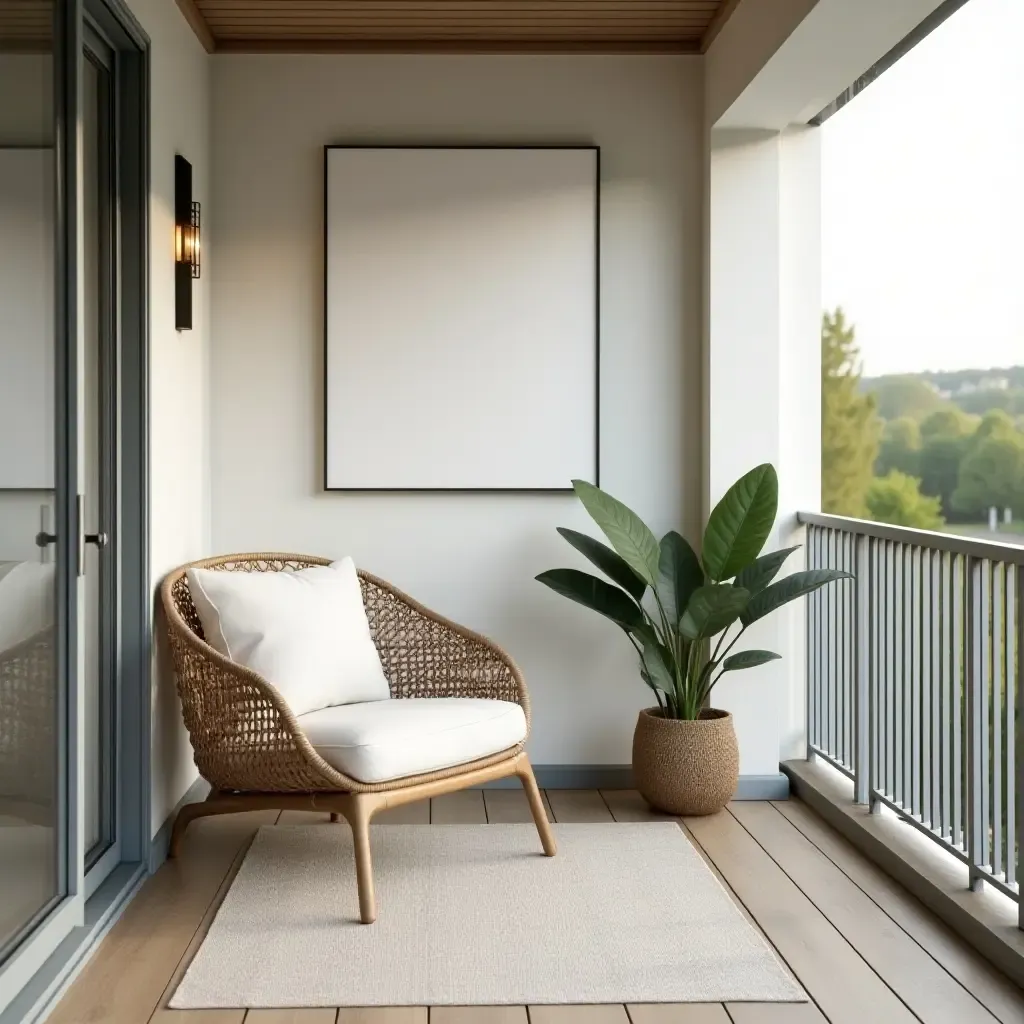 a photo of a serene balcony with a swing chair and calming decor