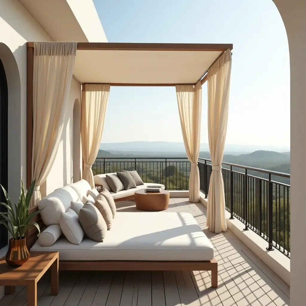 a photo of a luxurious balcony with a chic outdoor canopy and cushions