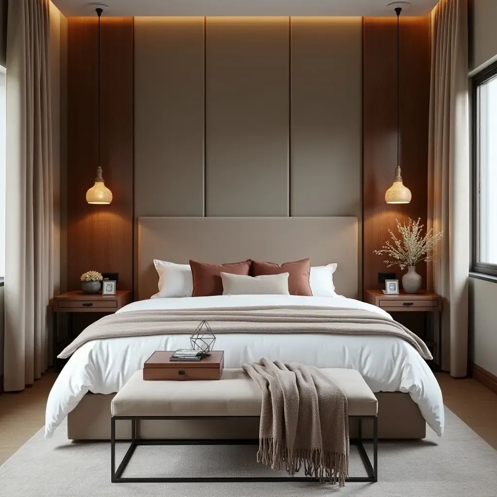 a photo of a stylish bedroom showcasing velvet accents, rustic wood elements, and soft linen textures