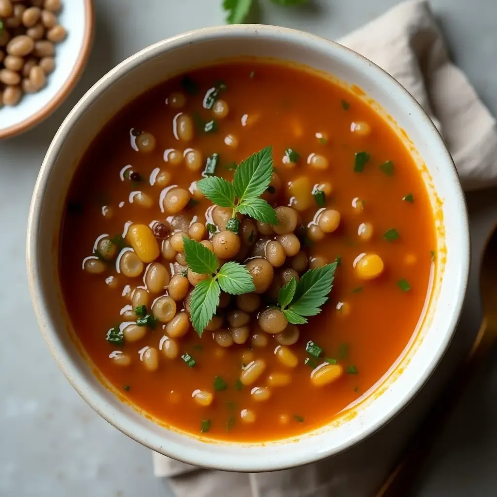 a photo of a warm bowl of Greek lentil soup with herbs and olive oil.