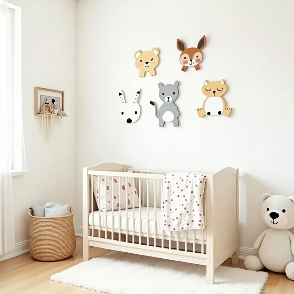 a photo of a nursery featuring animal-themed decor and playful patterns