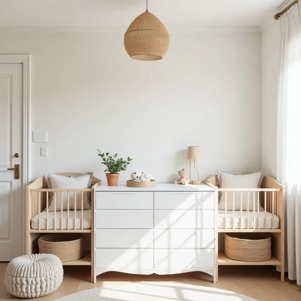 a photo of a nursery designed for twins with space-saving furniture