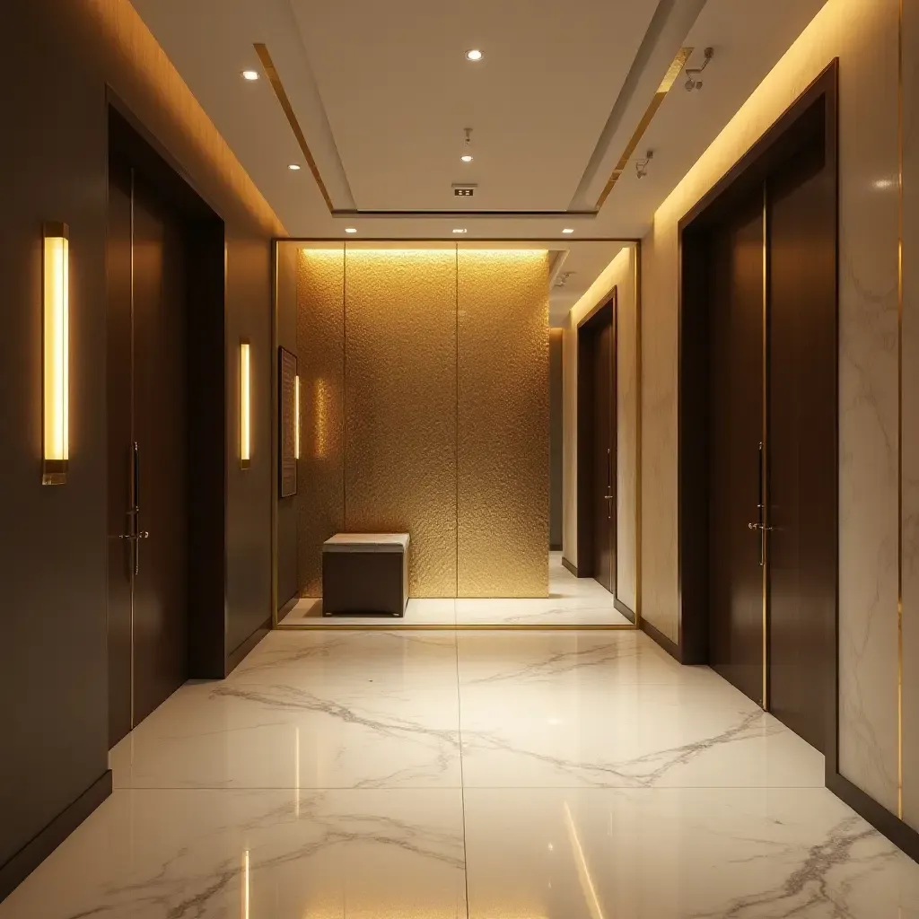 a photo of an entrance hall with metallic wall decor and lighting