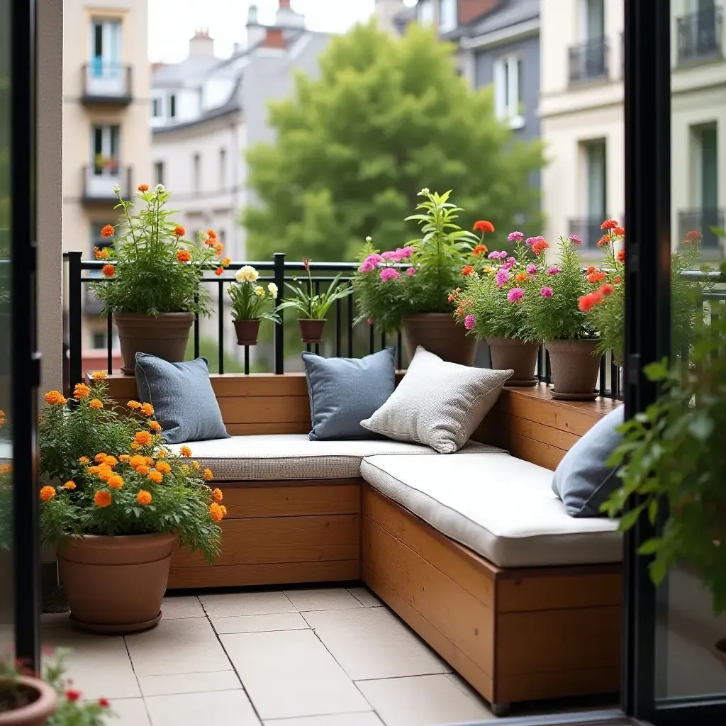 a photo of a balcony with a stylish storage bench and vibrant flowers