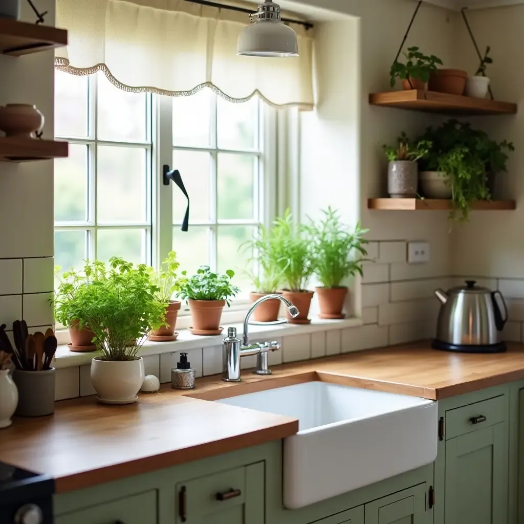 a photo of a charming cottage kitchen with a farmhouse sink and potted herbs