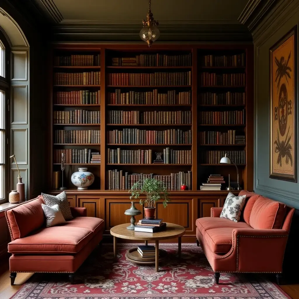 a photo of a vintage-inspired library with antique furniture and classic decor