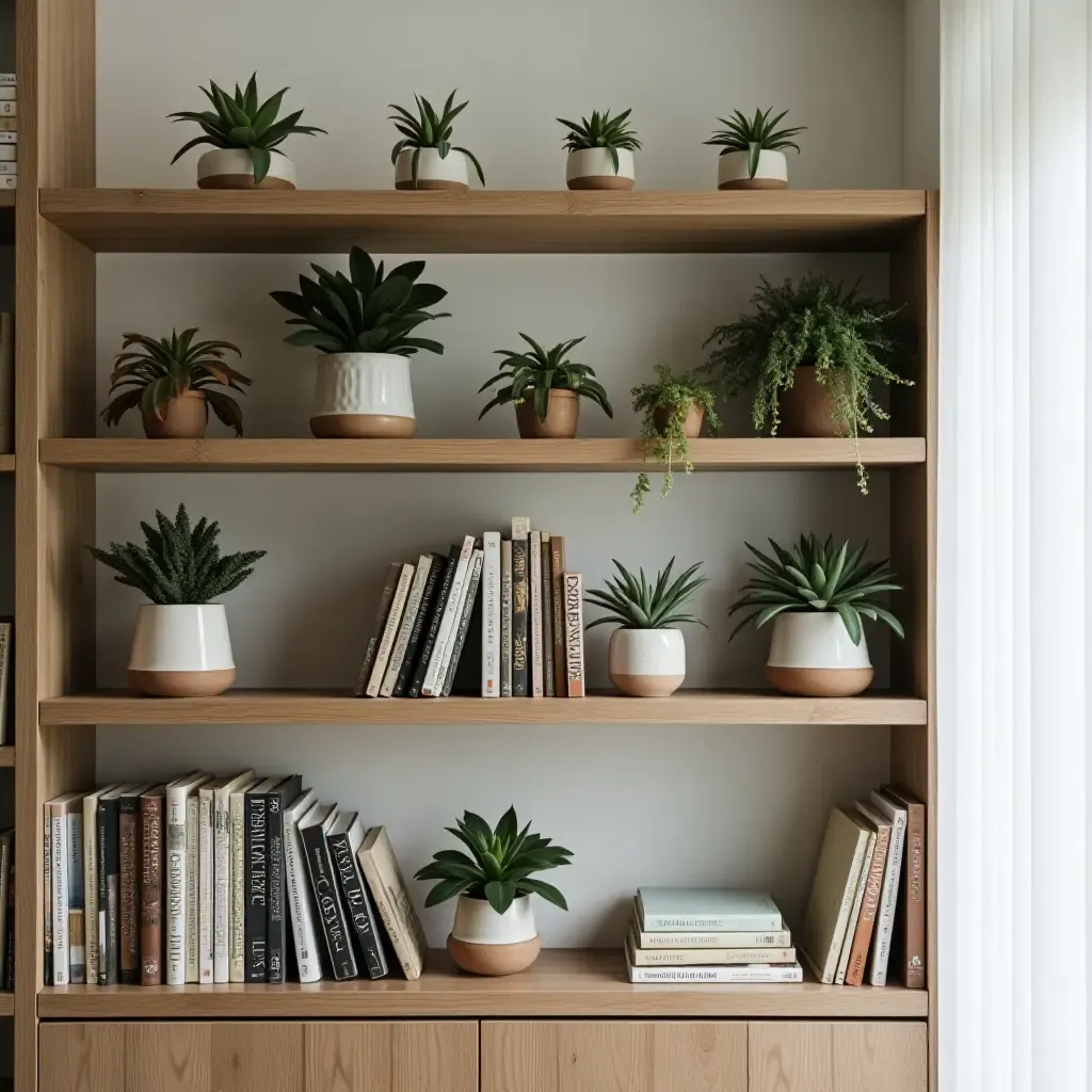 a photo of bookshelves adorned with potted succulents