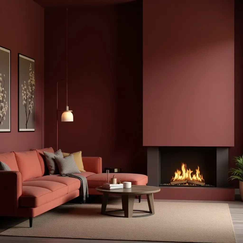 a photo of a cozy maroon living room featuring a modern fireplace and soft lighting