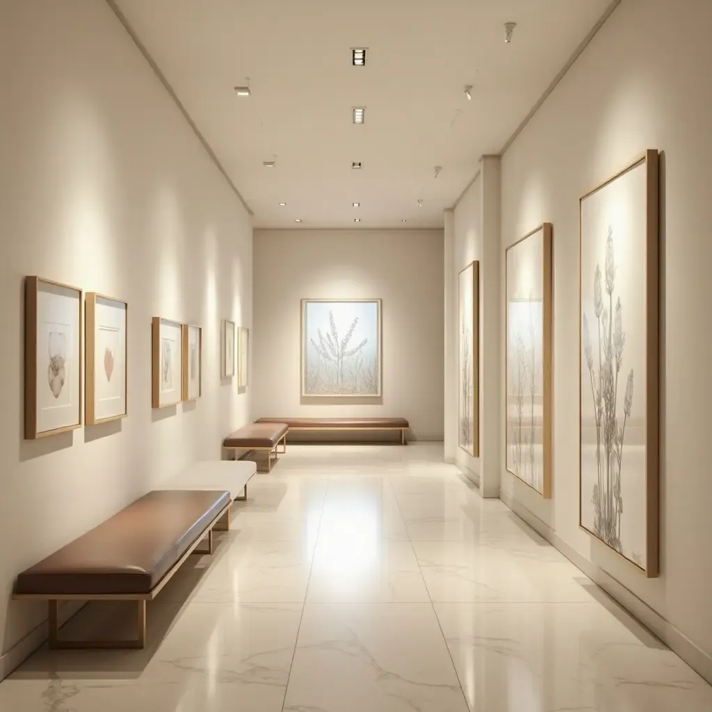 a photo of a bright corridor with a gallery of art and seating