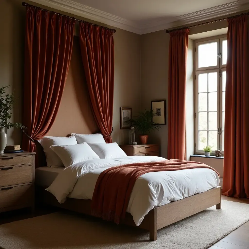 a photo of an inviting bedroom combining rich velvet drapes, reclaimed wood furniture, and airy linen sheets