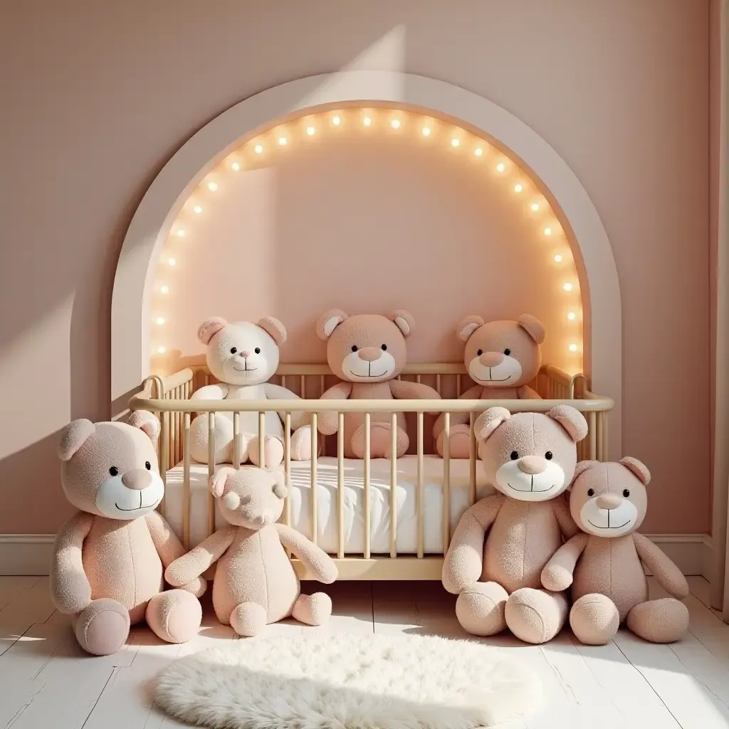 a photo of a nursery with plush toys arranged in a glamorous display