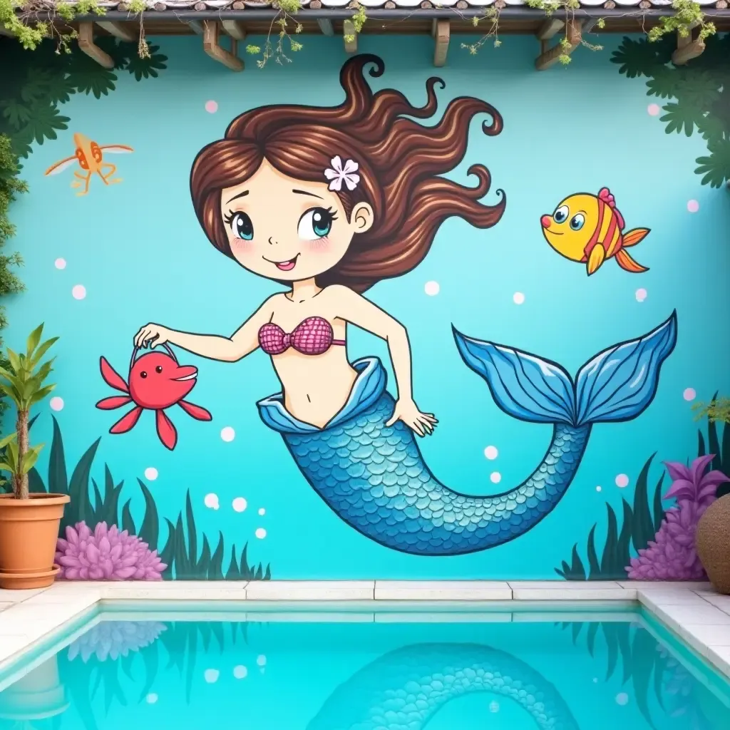 a photo of a playful mermaid mural on a pool wall