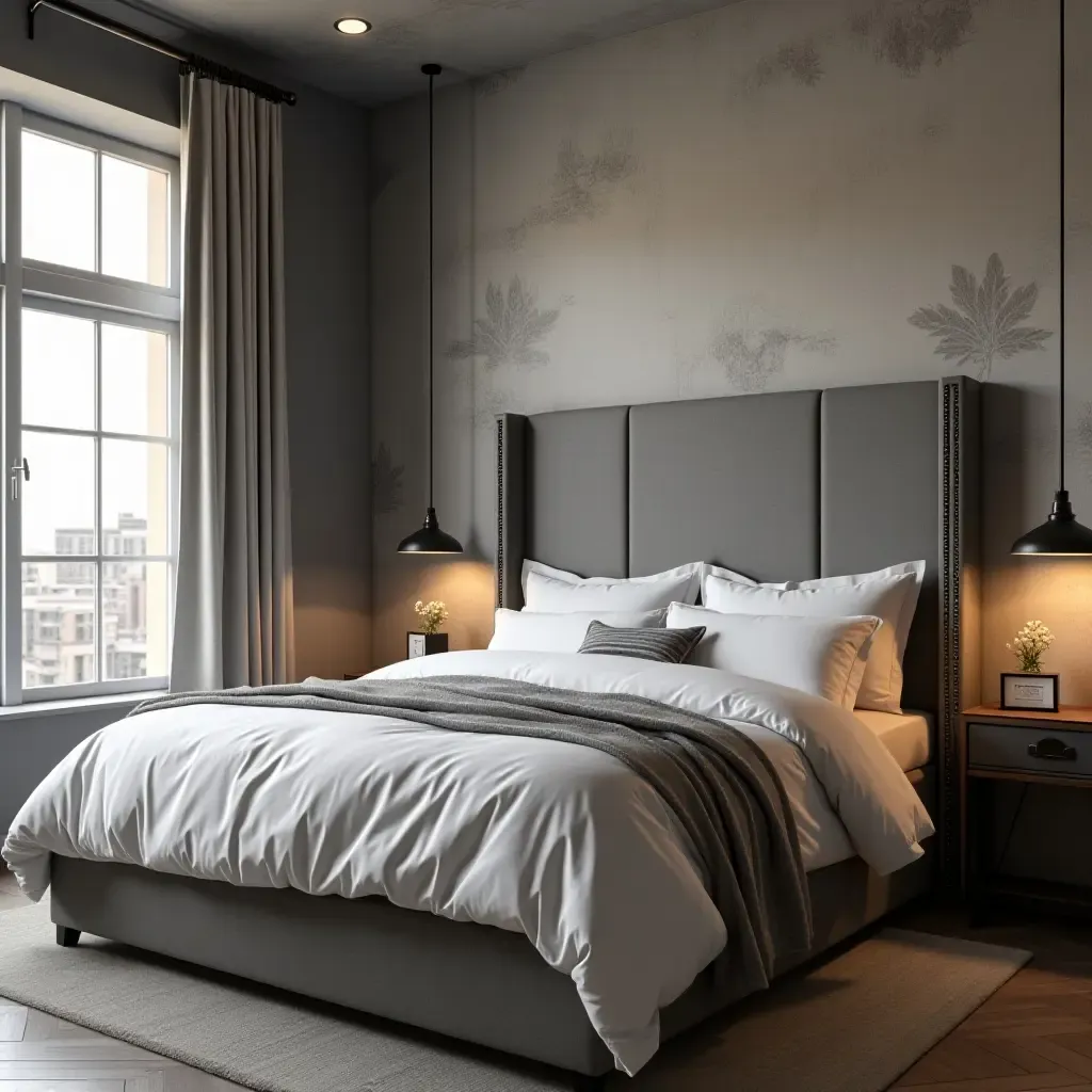 a photo of an industrial-style bedroom with a grey headboard and metal accents