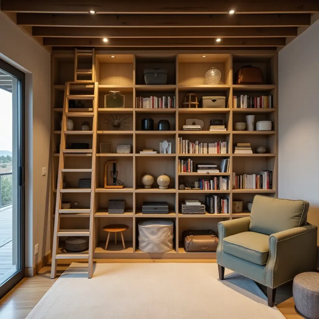 a photo of a basement with a unique storage ladder system