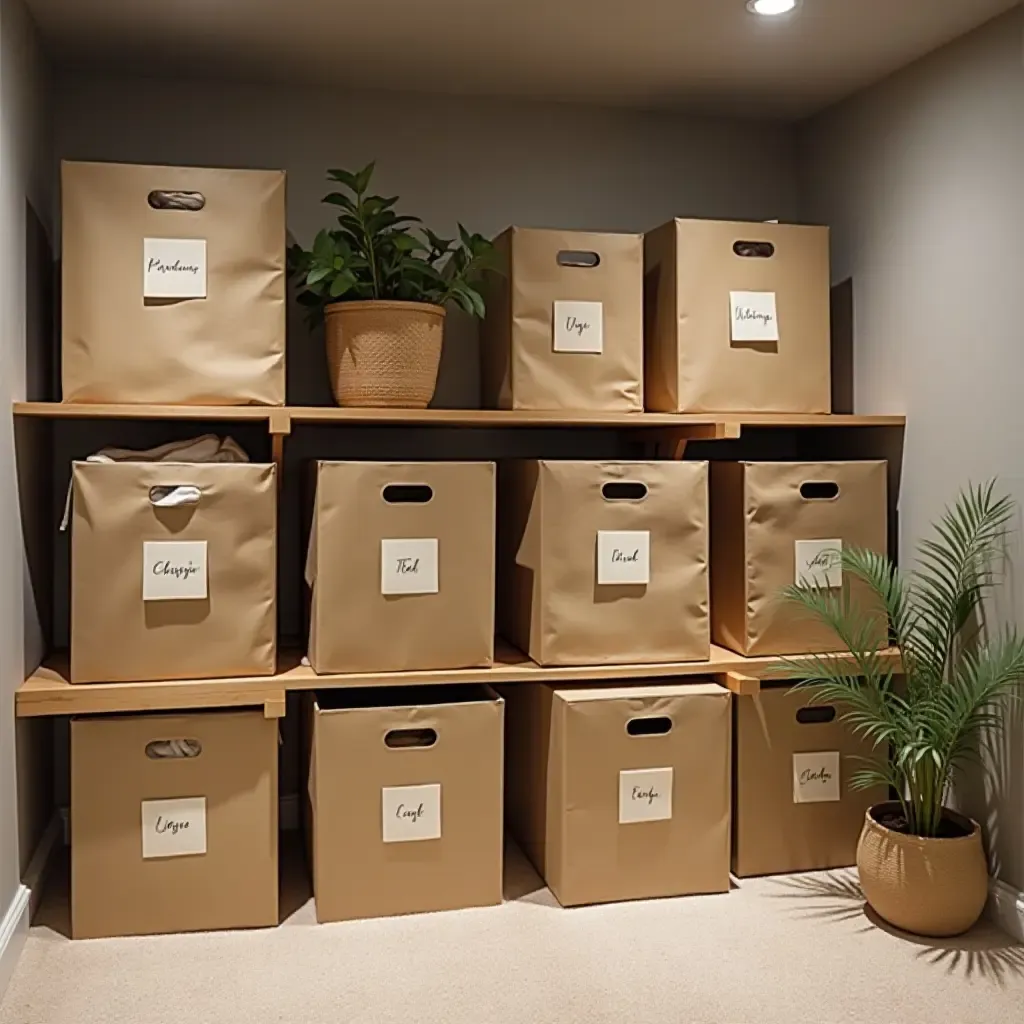 a photo of a chic basement featuring labeled storage boxes