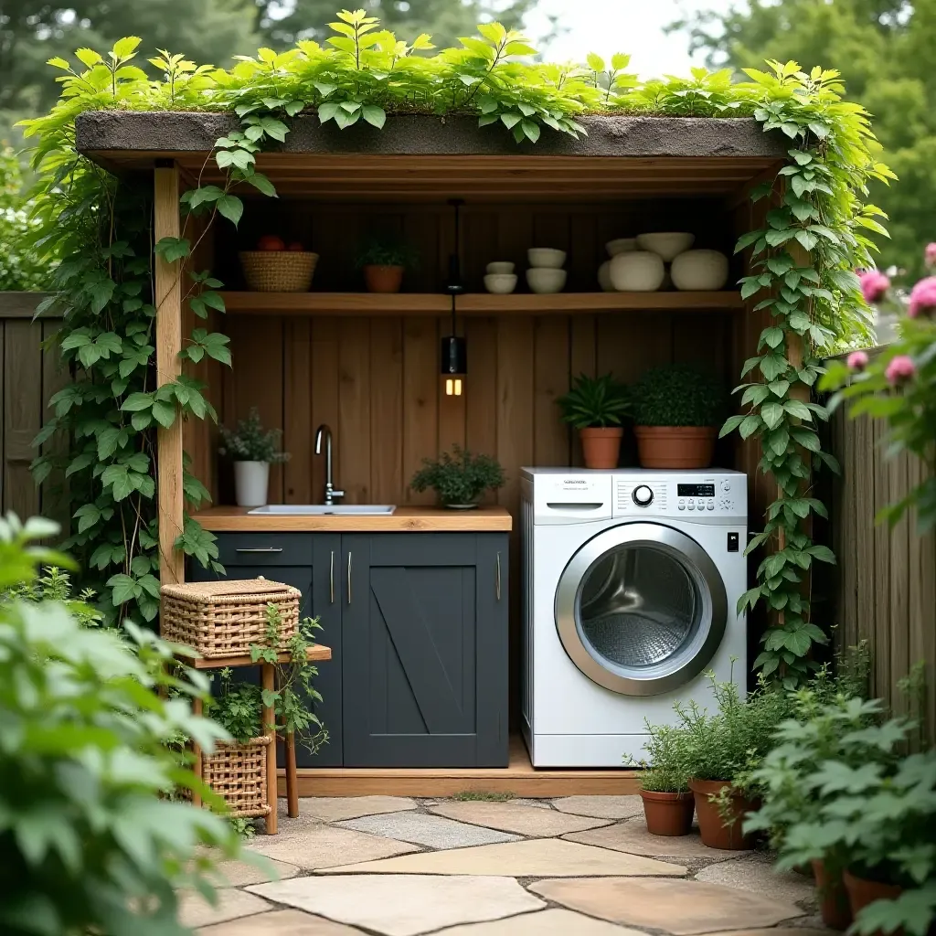 a photo of a cozy outdoor laundry nook surrounded by lush greenery