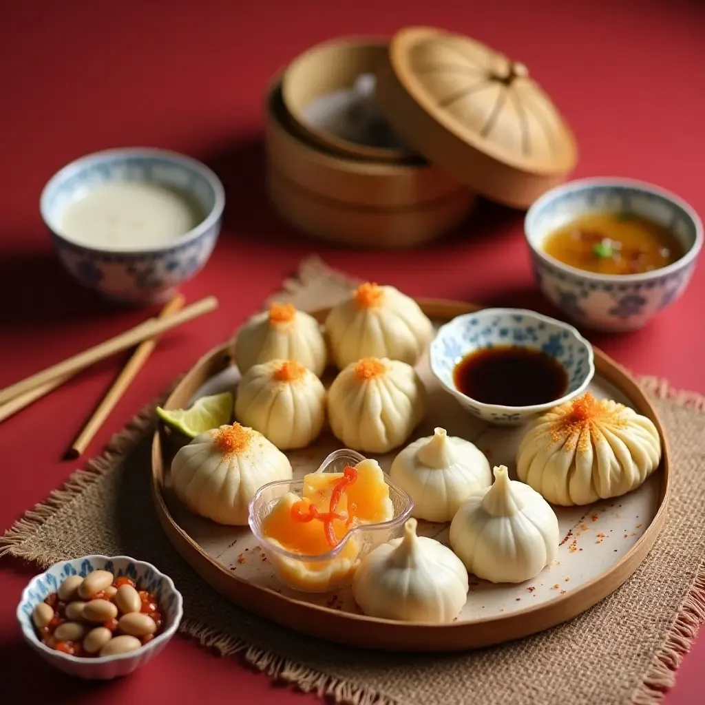 a photo of colorful Chinese breakfast spread with steamed buns, dumplings, and soy milk.